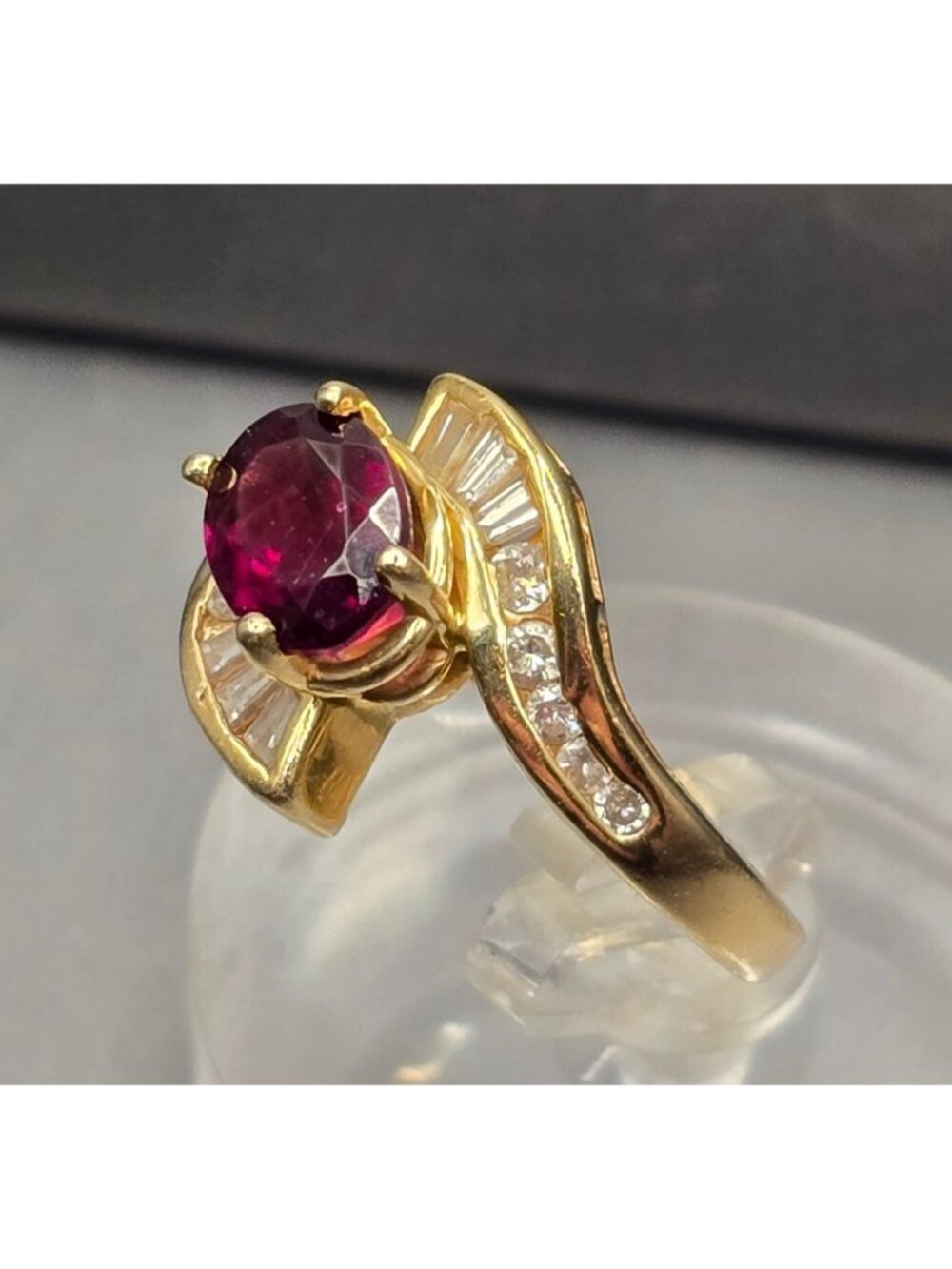 14K Gold Garnet Diamond Vintage Cocktail Ring Size 7 Signed EREV Band - Picture 3 of 16